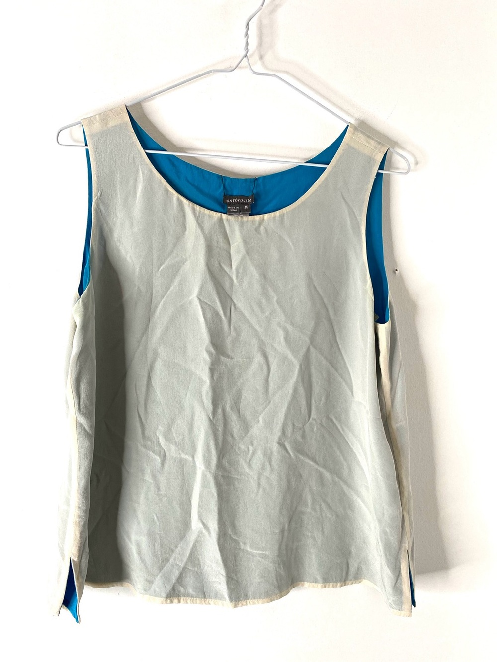 Anthracite 100% Silk Sleeveless Blouse Ivory Blue Colorblock Shell Top